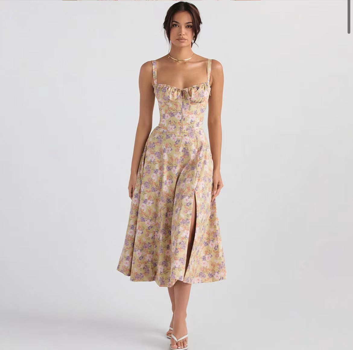 Women's floral print midi dress sleeveless wrap bodice lightweight cotton-blend with high slit
