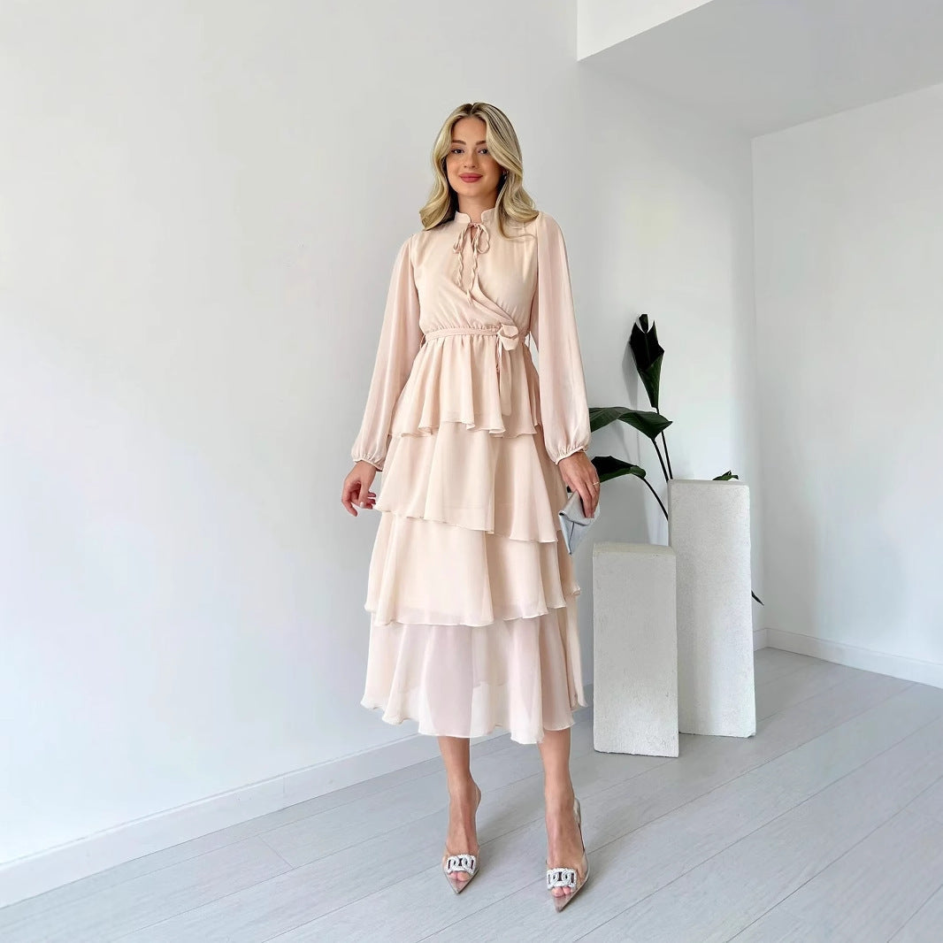 Women's chiffon A-line midi dress with layered silhouette, long sleeves, and high neck tie