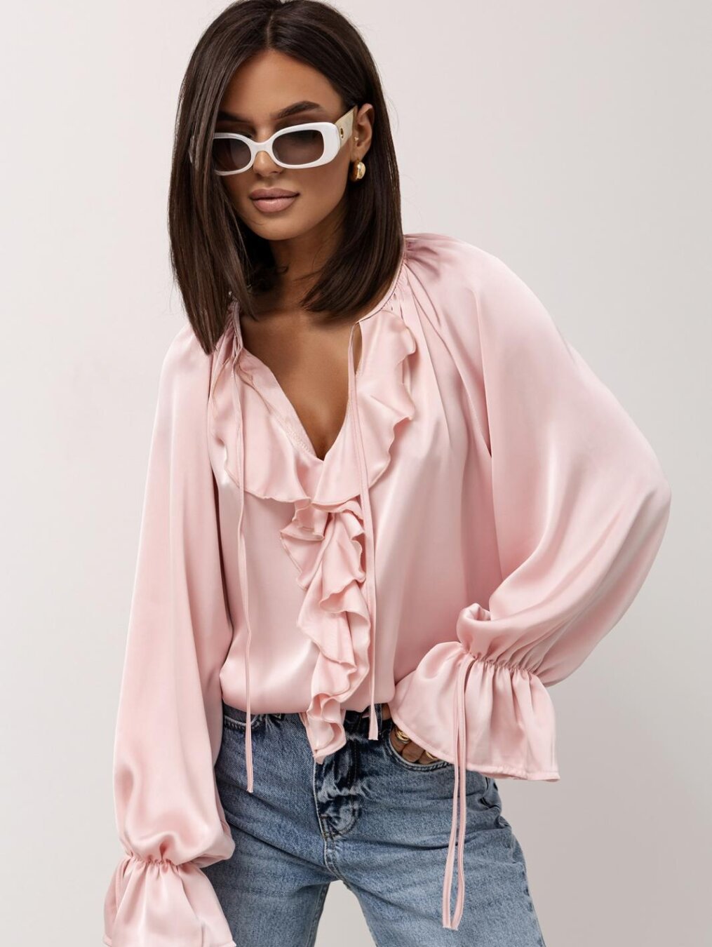 Women's satin blouse tie neck ruffles relaxed fit long sleeves luxurious glossy sheen elegant