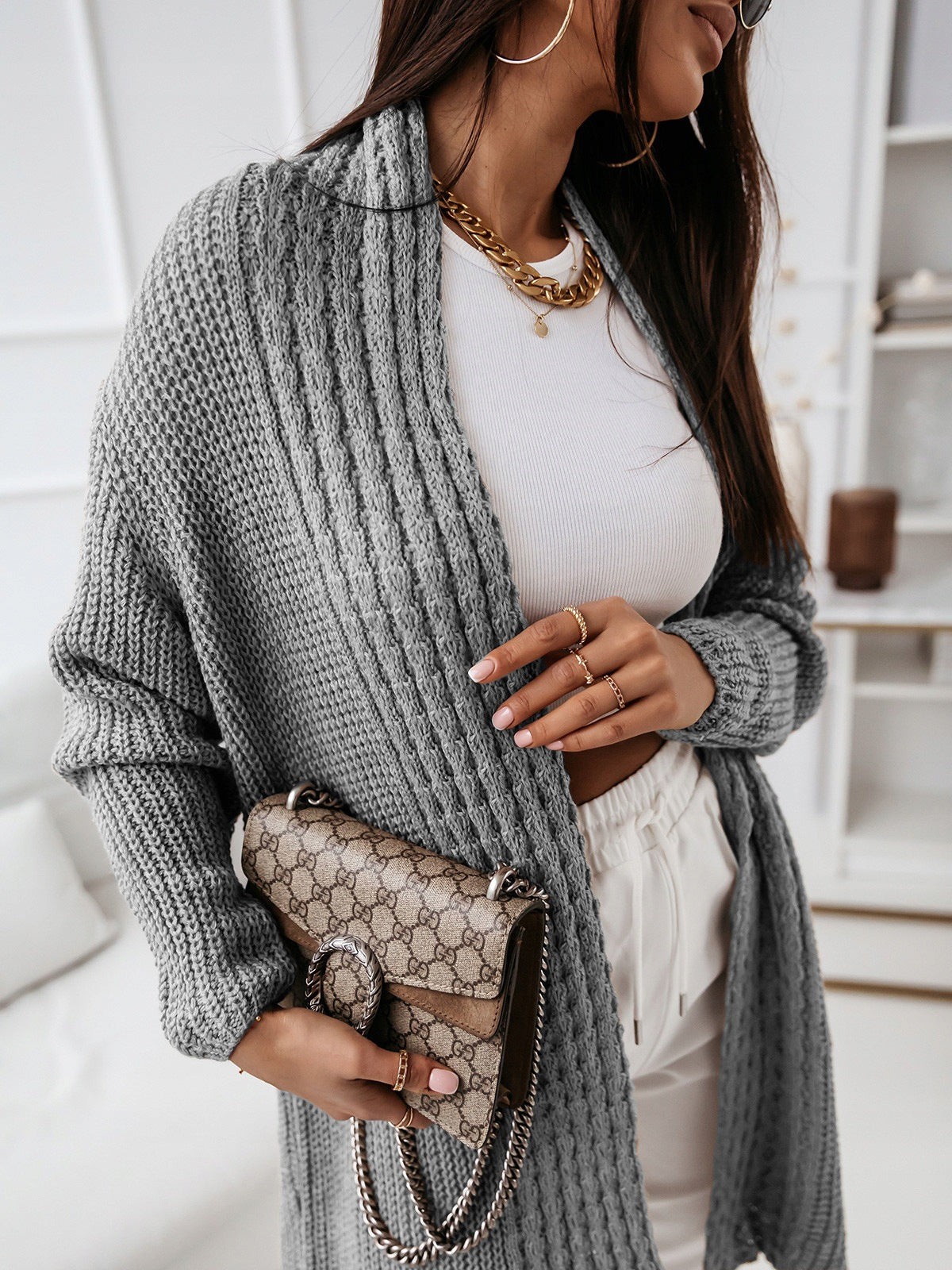 Women's long open-front ribbed knit cardigan relaxed fit neutral-tone everyday comfort layer