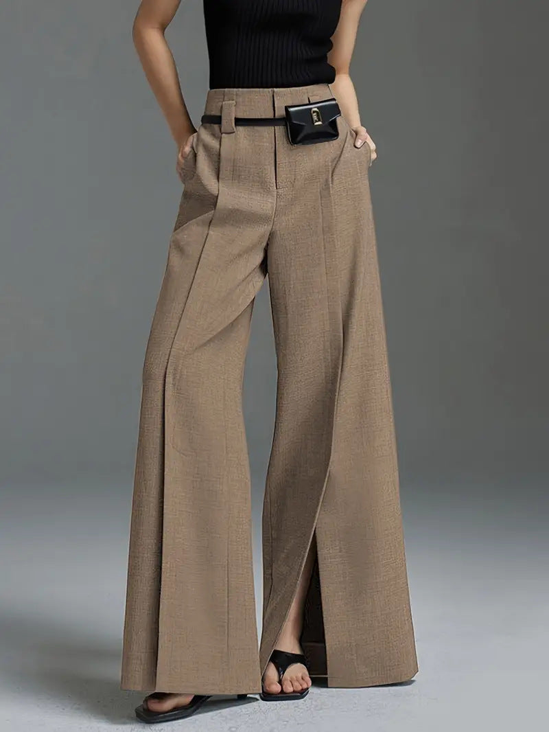 Women's high-waist wide-leg pleated pants with split front detail, wrinkle-resistant poly-spandex blend