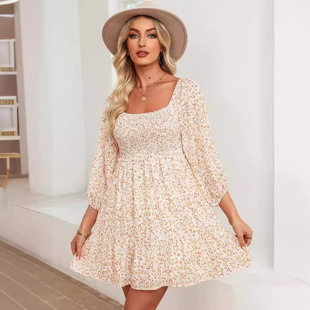 Women's A-line cotton dress with shirred bodice, puff sleeves, U-neck, lightweight everyday casual style