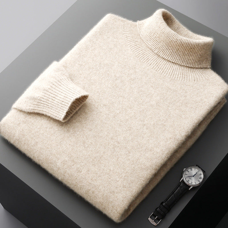 Men's merino wool turtleneck sweater regular fit ribbed hip-length design in neutral tone