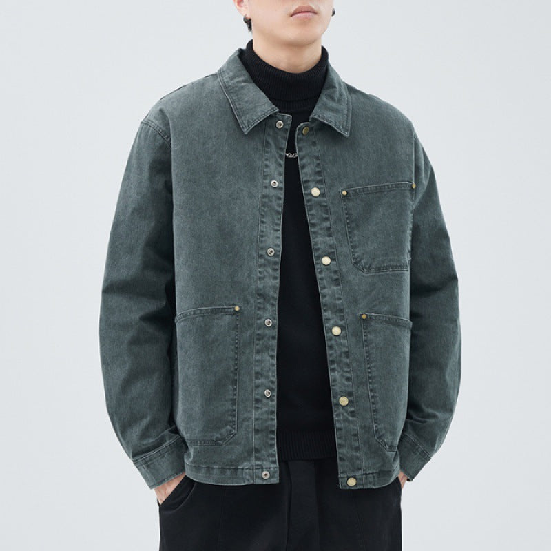 Vintage fade oversized boxy cotton jacket with patch pockets, metal hardware, and detachable down lining
