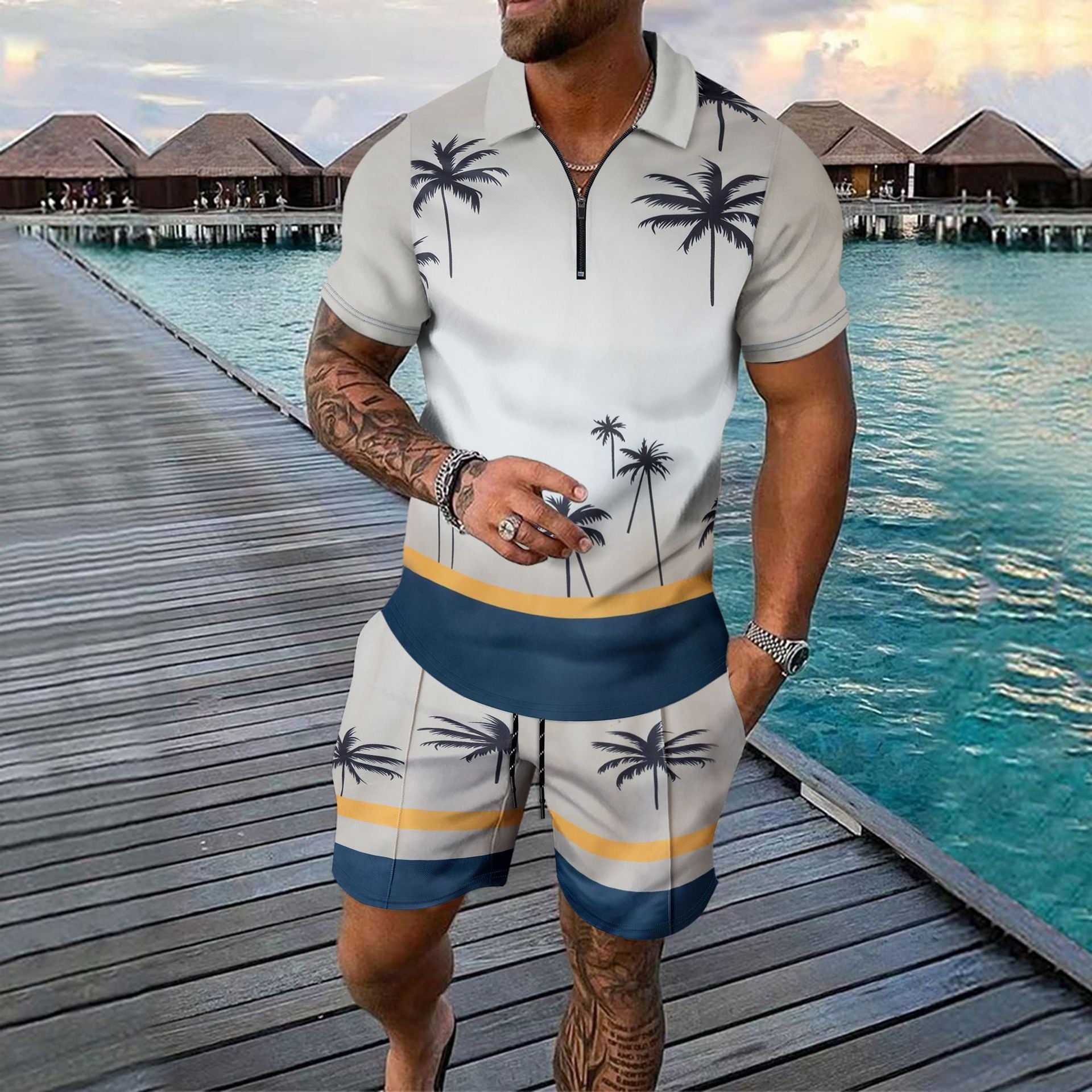 Men's slim fit tropical pattern sports set zip neck breathable lightweight active wear urban style