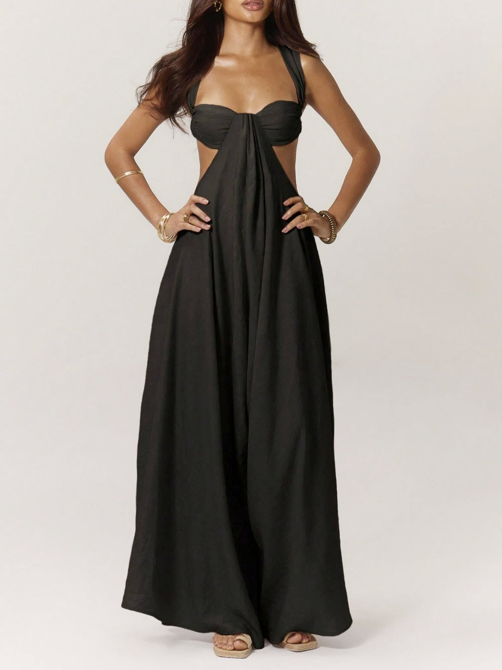 Ice silk wide-leg jumpsuit women pleated panels high waist sleeveless chic one-piece