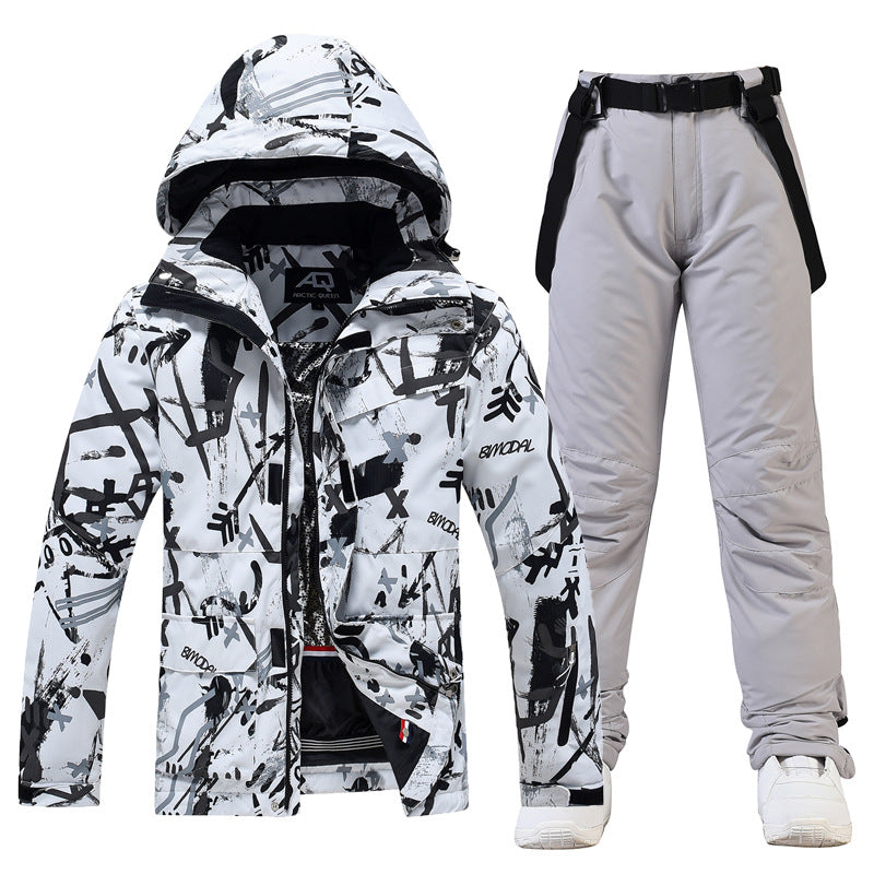 Men's two-piece ski suit set hooded jacket suspenders water-resistant relaxed-fit winter snow gear