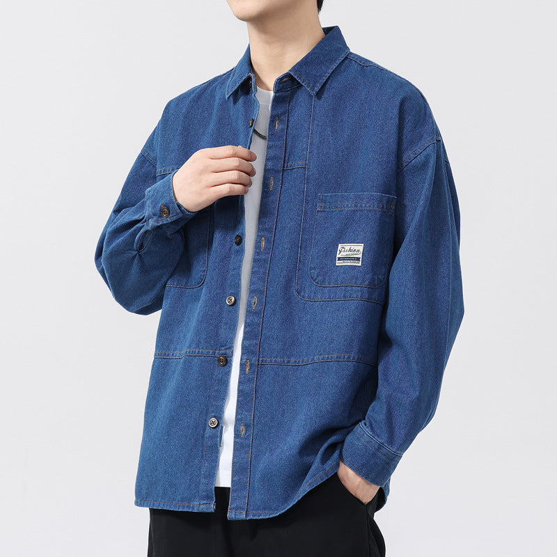 Men's oversized blue denim shirt with patch pockets, mid-weight breathable cotton casual fit