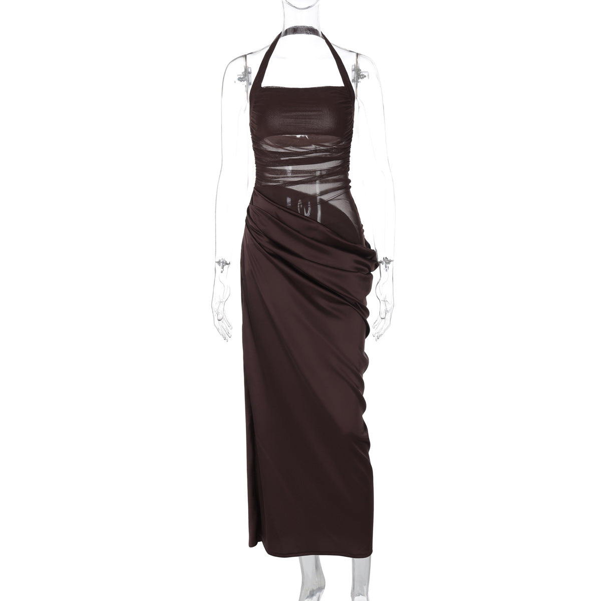 Black bodycon halter maxi dress with sheer mesh panels for a sleek evening silhouette