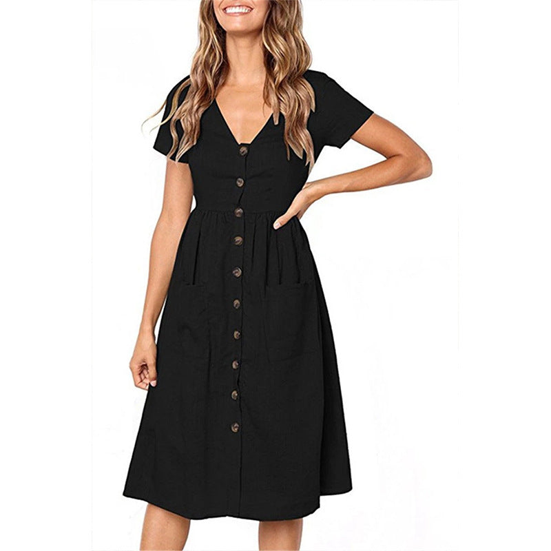 Women's cotton-blend A-line midi dress, V-neck button-front with pockets, casual feminine spring style