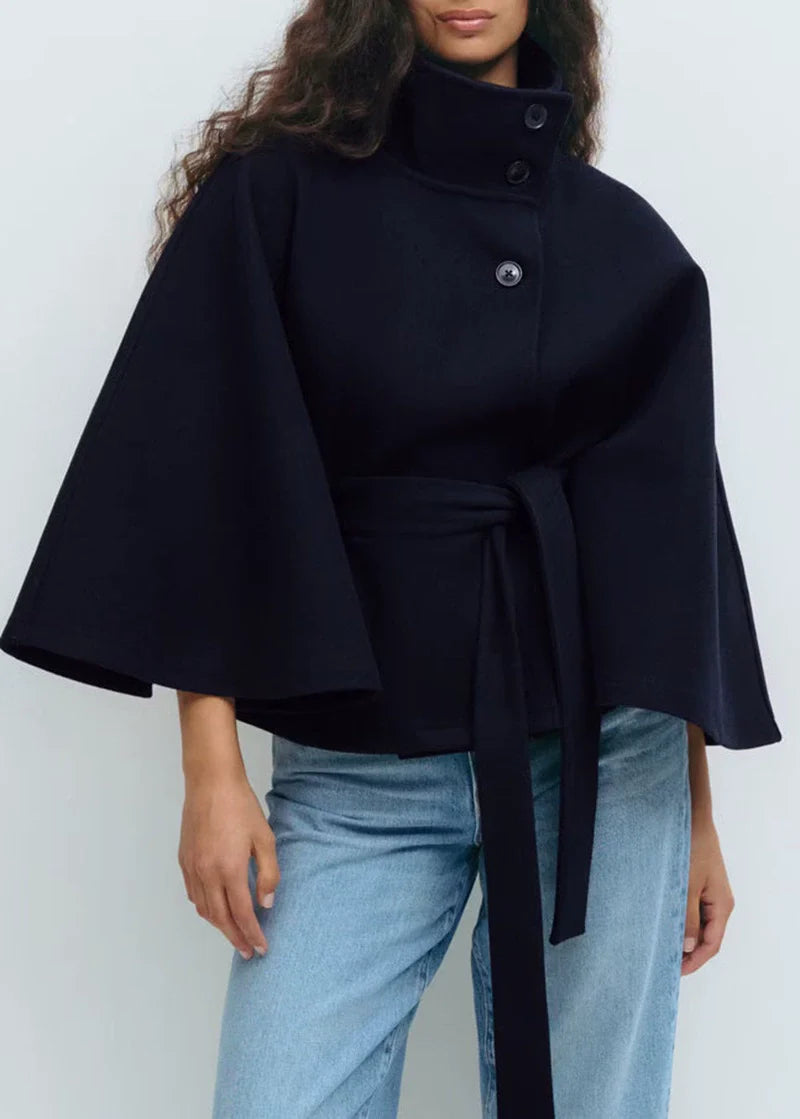 Women's wool belted cape jacket high neck loose fit button front chic fall outerwear