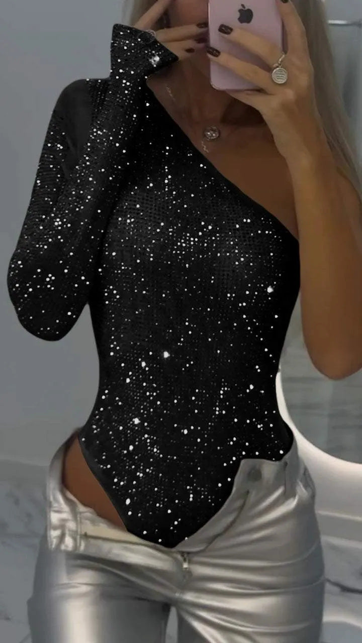 Women's one-shoulder silver sequin top with rhinestone embellishments, asymmetrical glam clubwear
