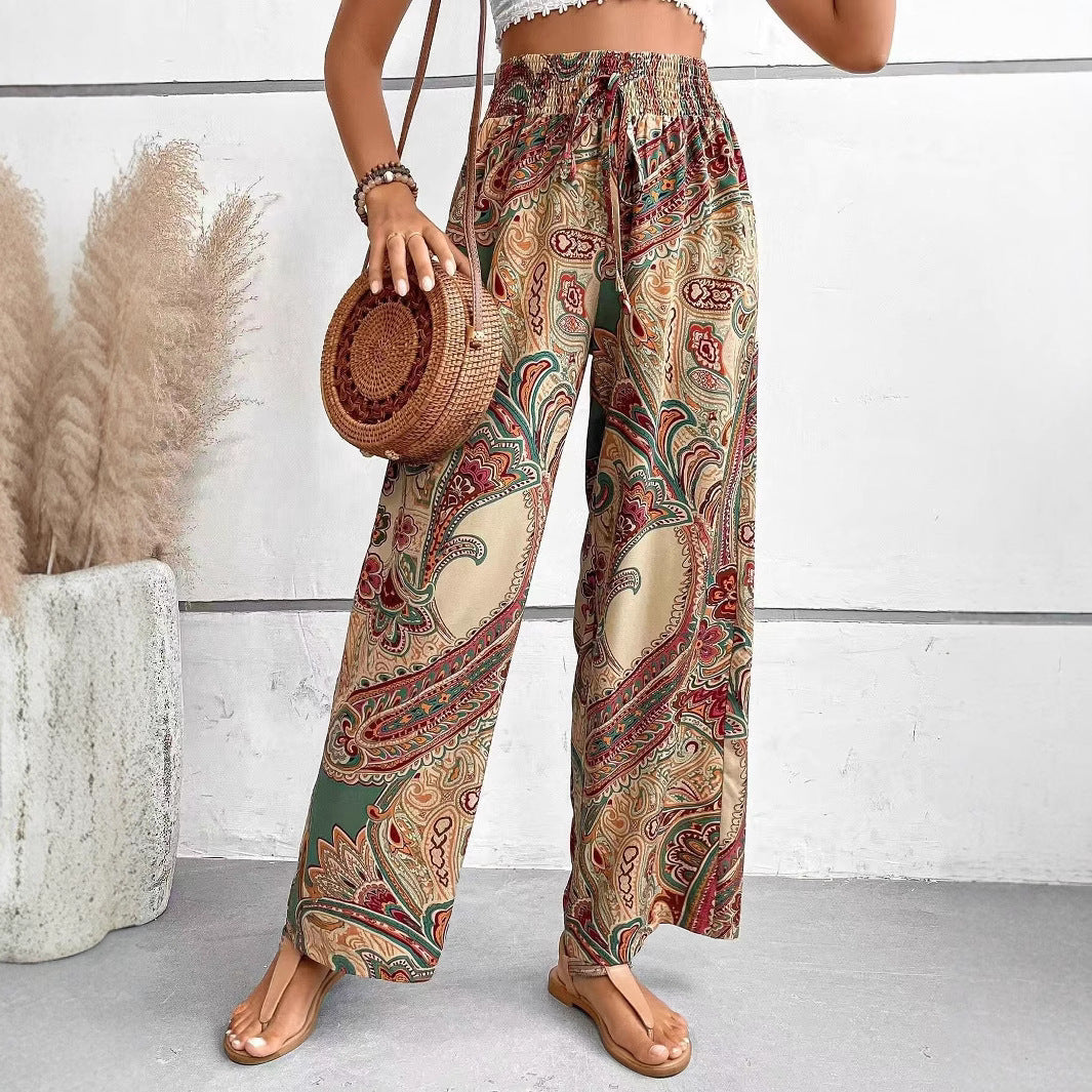 Women's wide-leg bohemian print pants with elastic waist, lightweight breathable fabric for relaxed everyday style