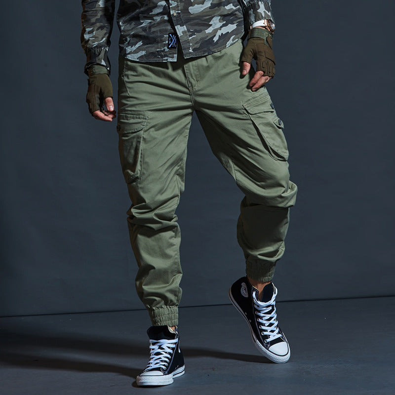 Men's olive tactical cargo pants breathable cotton elastic cuffs multiple pockets utility fit