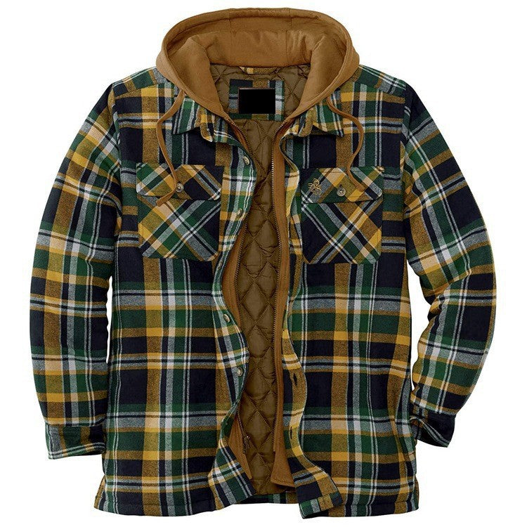 Men's hooded plaid jacket quilted lining winter coat checkered pattern casual fit