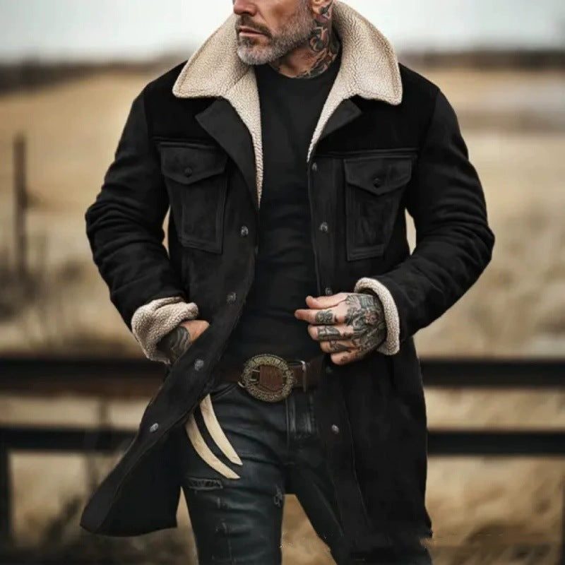 Men's mid-length tailored jacket with shearling collar, button-front casual outerwear winter coat