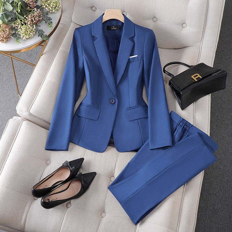 Women black tailored blazer set single-button closure straight-leg pants polished office look