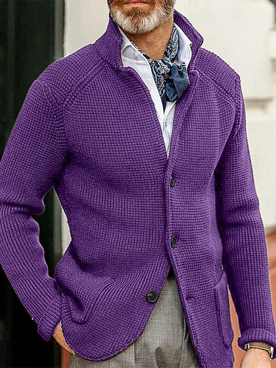 Men's slim fit textured knit cardigan with stand collar and patch pockets, long sleeve layering piece