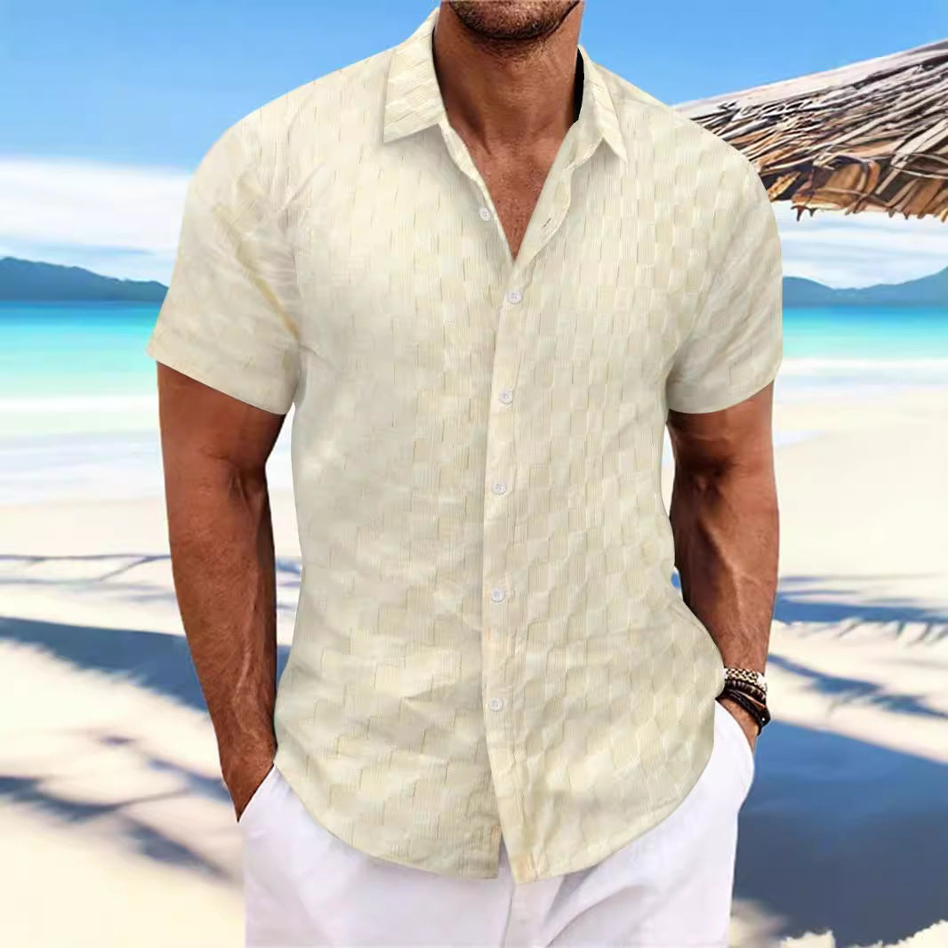 Men's casual cotton blend shirt in neutral tone, textured weave regular fit breathable warm-weather style