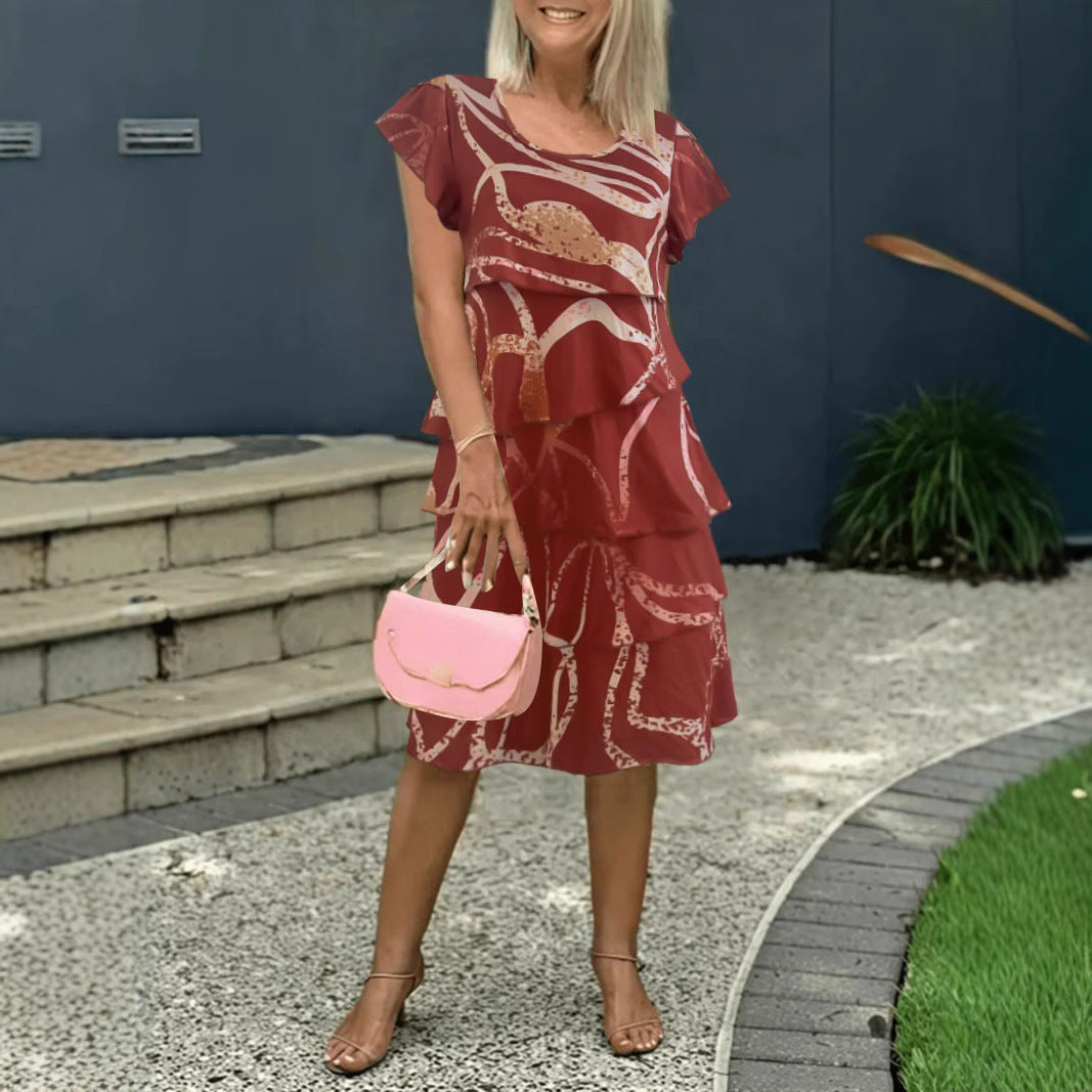 Women's floral midi dress relaxed fit with tiered ruffles and flutter sleeves for summer