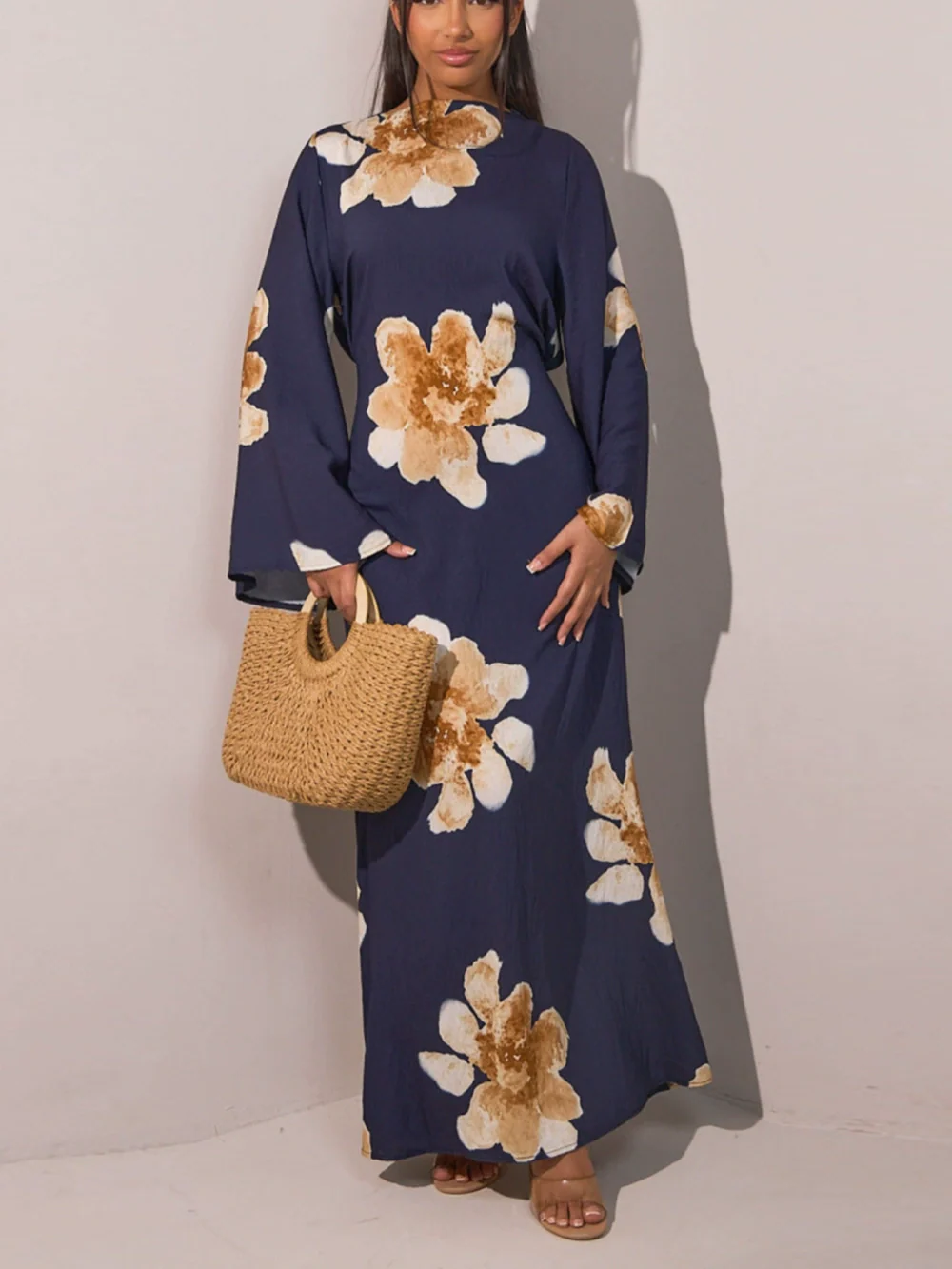 Printed maxi dress women lace details tight waist polyester gown everyday glam flattering silhouette