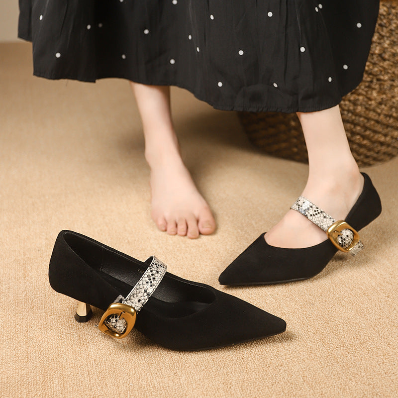 Women's suede PU pointed toe Mary Jane mid heel shoes with buckle strap closure