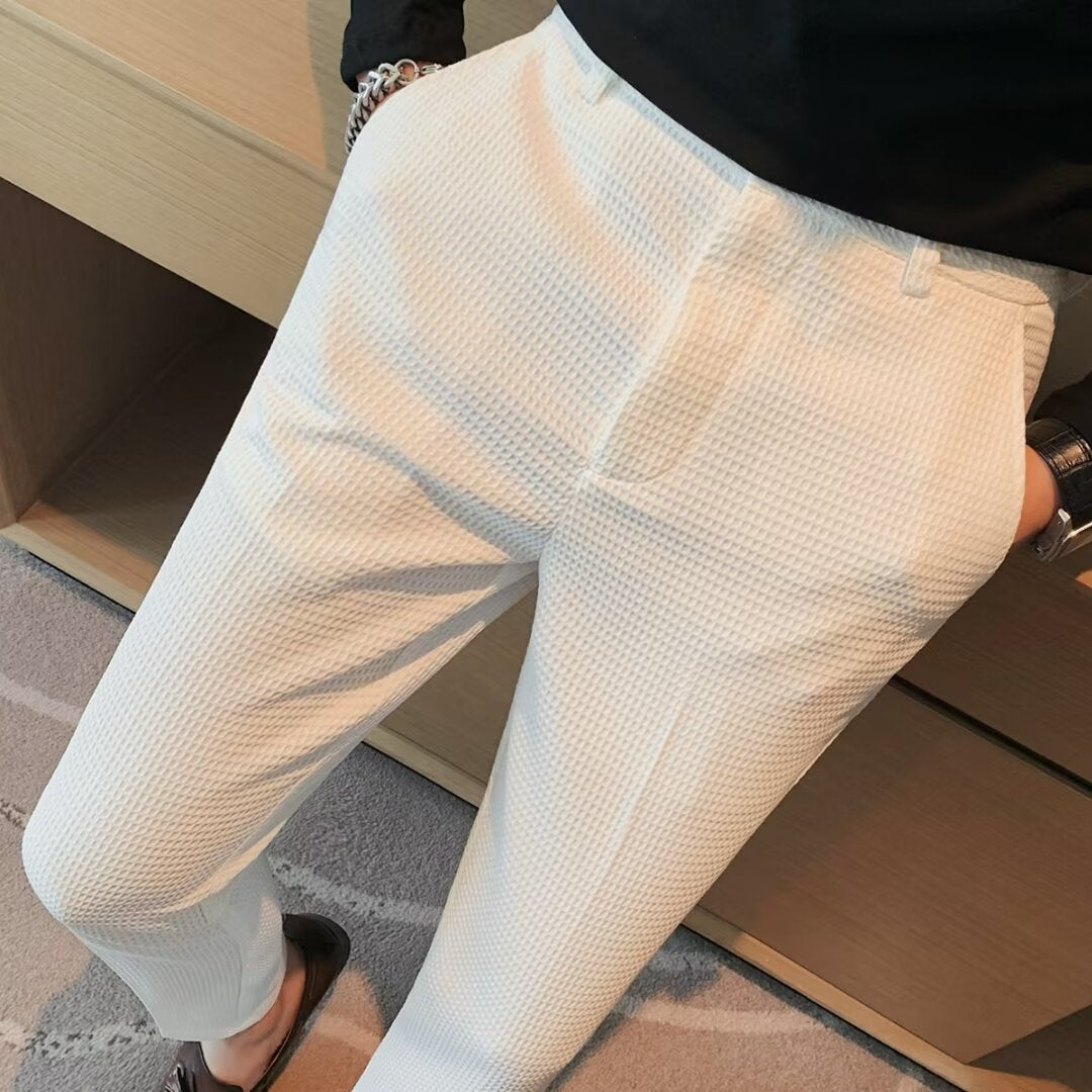 Men's cropped slim trousers textured lightweight cotton blend tapered leg above-ankle fit