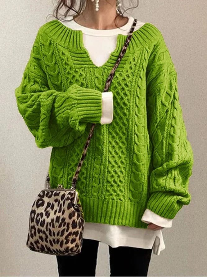 Women's cream cable knit wool sweater with modern notched neckline, elegant everyday layering essential