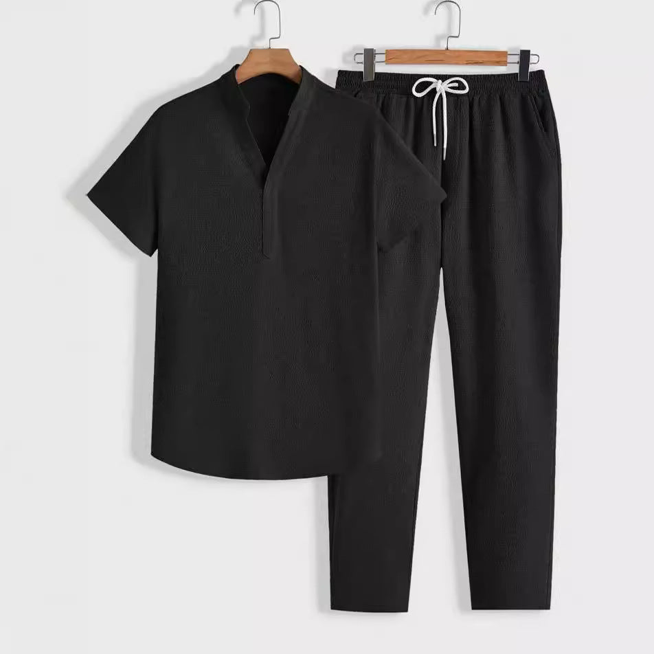 Men's cotton training set relaxed fit top and drawstring pants breathable two-piece workout loungewear