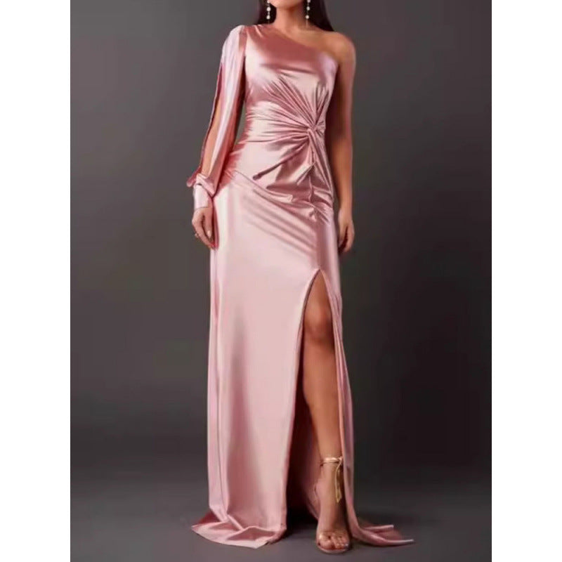 Satin maxi dress single shoulder slim fit high slit elegant formal evening gown for women