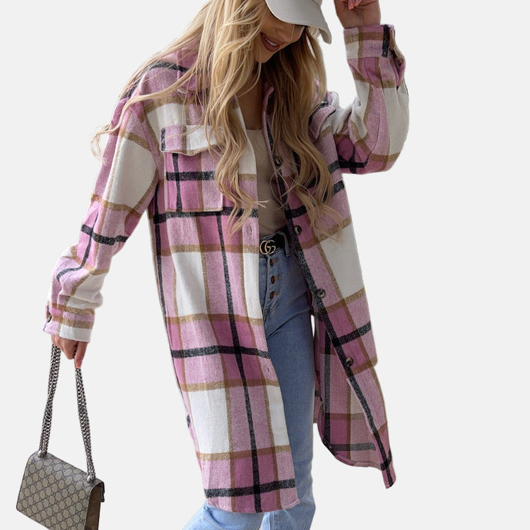 Women's oversized plaid check shirt jacket with button closure and soft layering texture