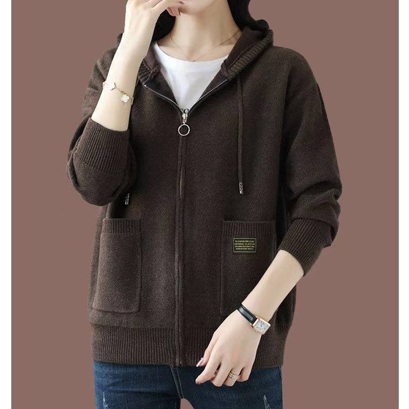 Aria wool zip-up hoodie in neutral knit blend with adjustable drawstring hood and front pockets