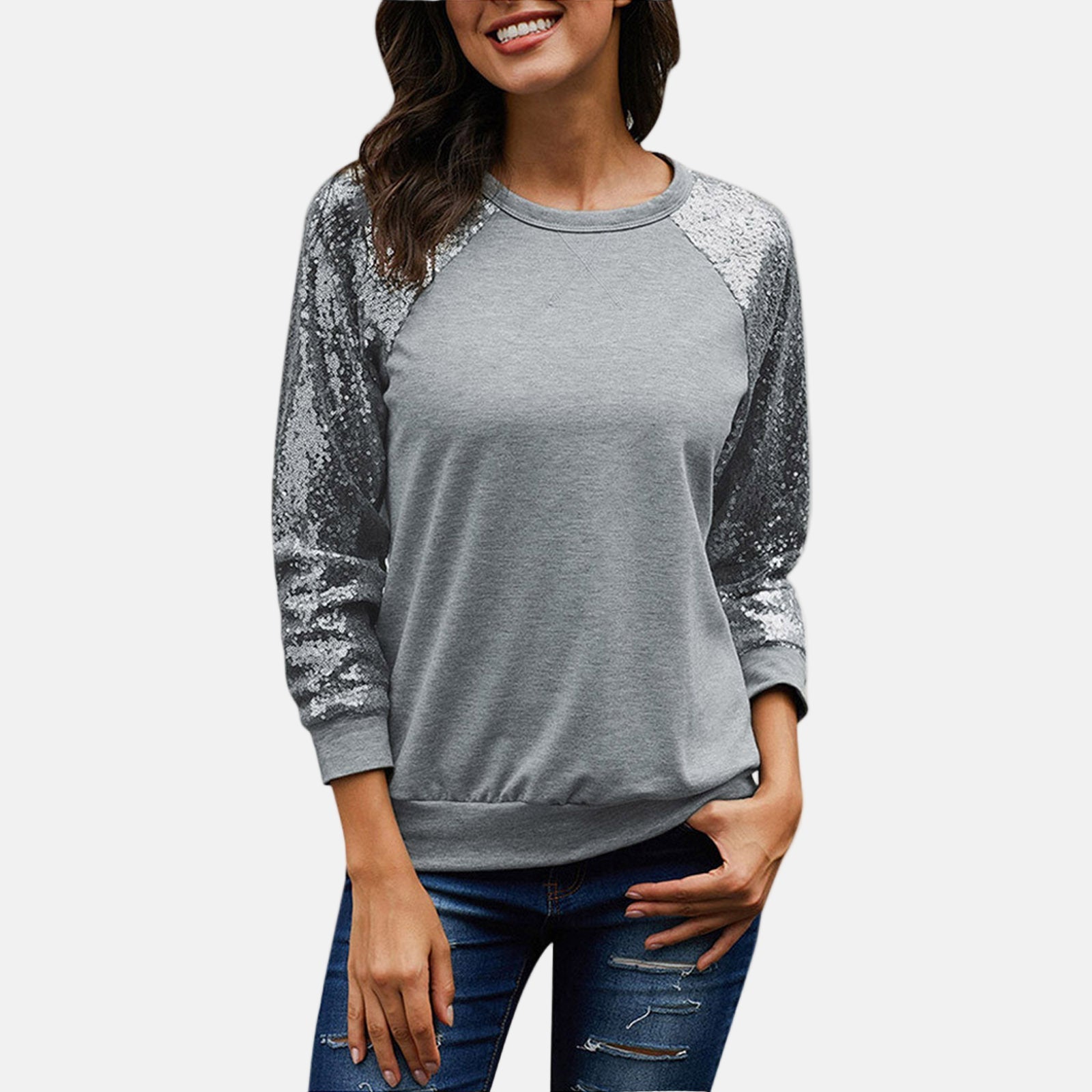 Women's relaxed fit crewneck sweatshirt with shimmering sequin sleeves for festive sparkle
