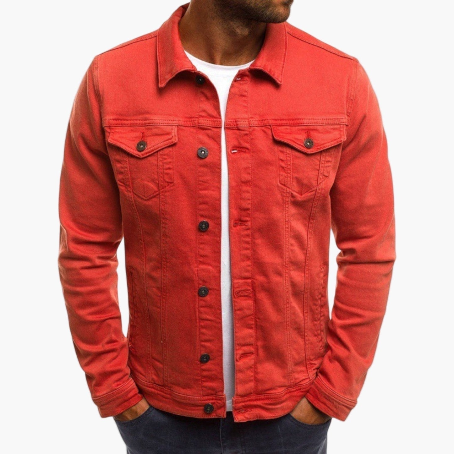 Men's slim fit denim jacket workwear style with patch chest pocket, versatile office casual wear