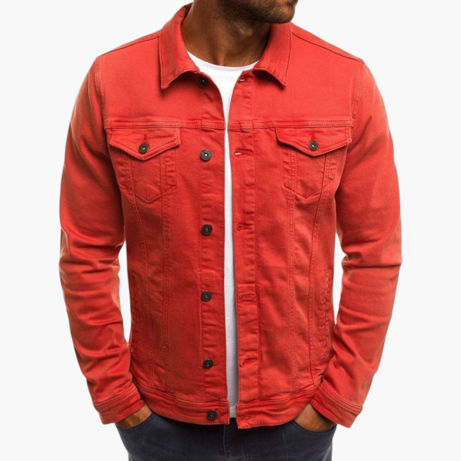 Men's slim fit denim jacket workwear style with patch chest pocket, versatile office casual wear