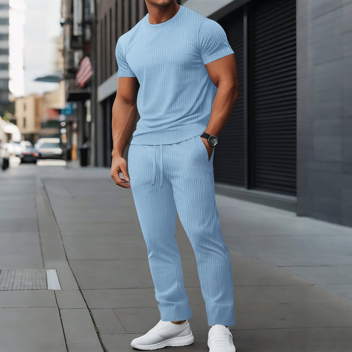 Men's slim fit training set breathable stretch fabric textured design active athletic wear