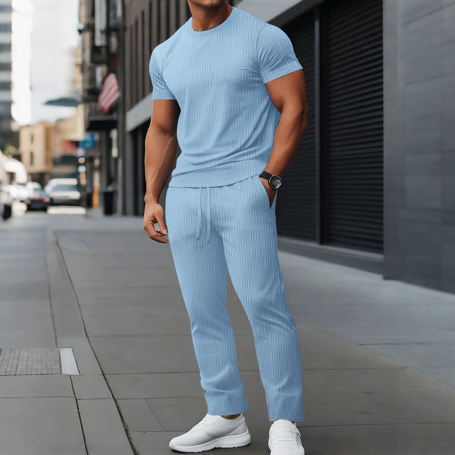 Men's slim fit training set breathable stretch fabric textured design active athletic wear
