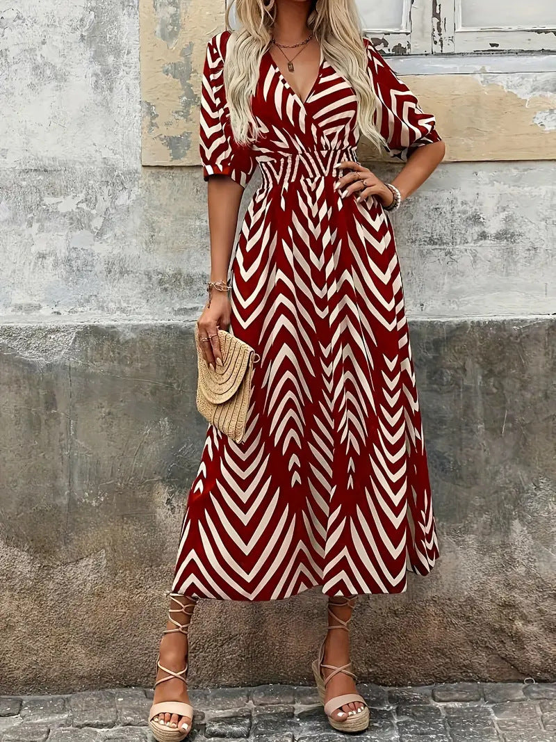 Women's midi A-line dress chevron pattern, V-neck wrap belt puff sleeves, effortless everyday style