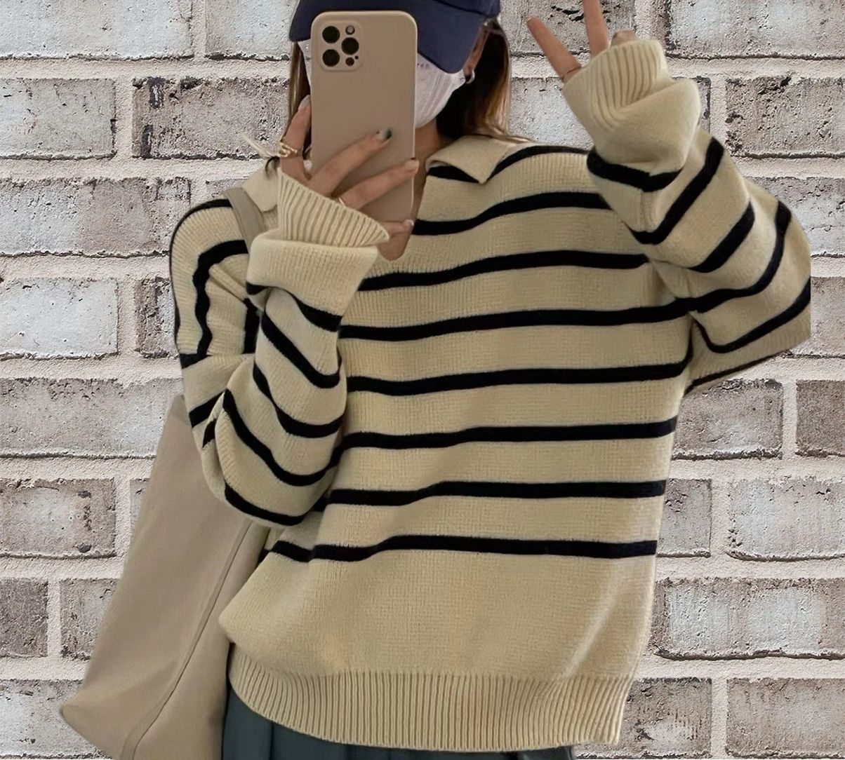 Women's striped wool-blend pullover sweater relaxed fit V-neck cozy casual knit top