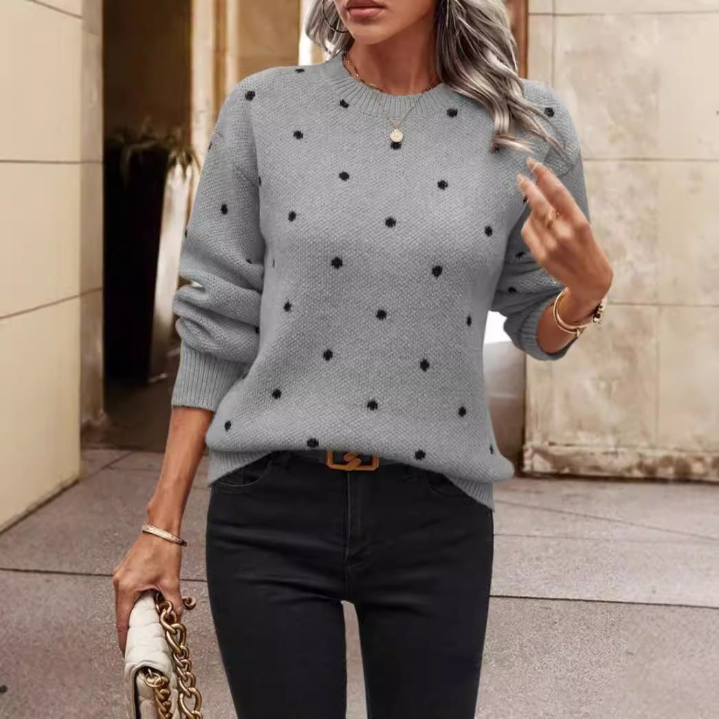 Women's relaxed fit polka dot wool-blend knit sweater round neck long sleeve warm casual style