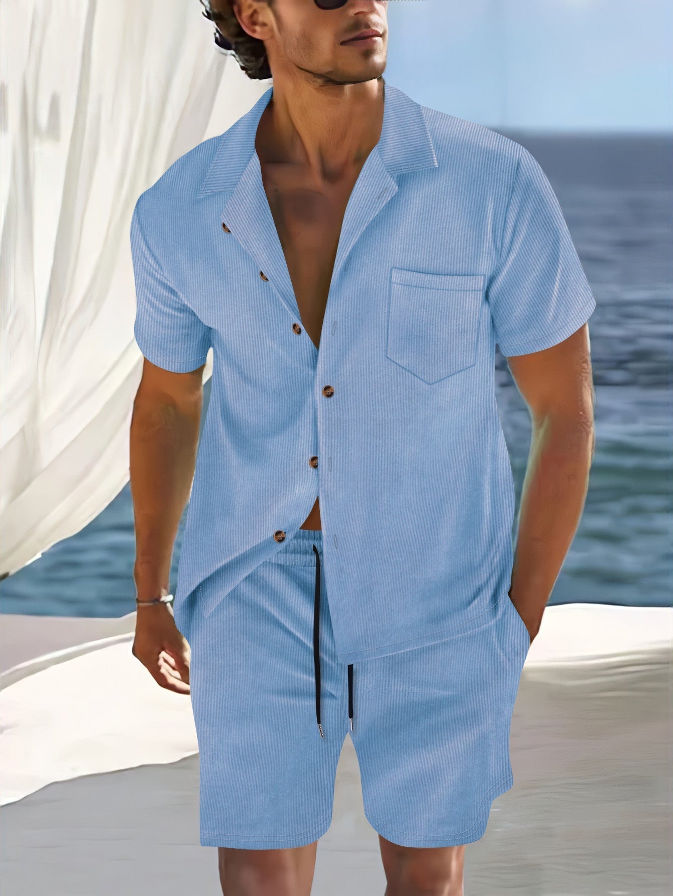 Men's relaxed fit vertical stripe shirt set lapel collar button front 2-piece summer outfit
