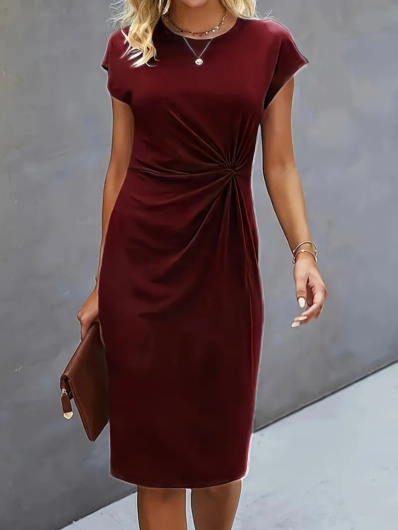 Women's slim-fit bodycon dress with side draping, short sleeves, round neck, chic versatile style