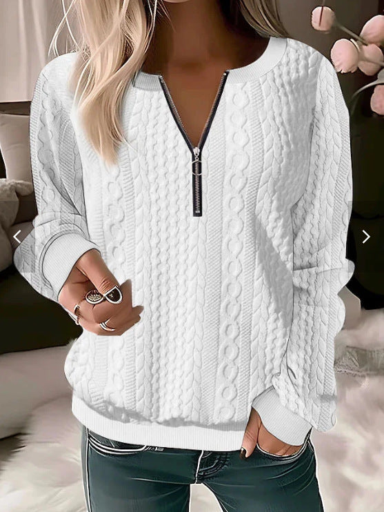 Women's cream cable knit relaxed fit sweater with zip collar, cozy warm everyday style