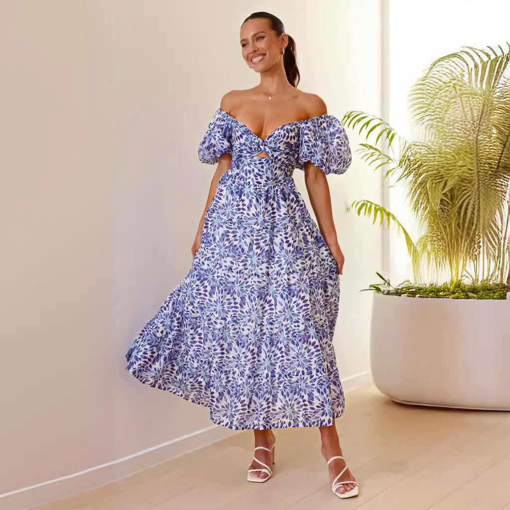 Floral print maxi dress off-shoulder puff sleeves smocked waist women flattering fit