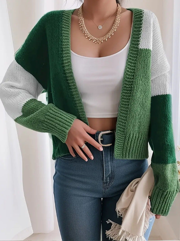 Women's short fit V-neck cardigan wool blend knit block pattern polished layering piece