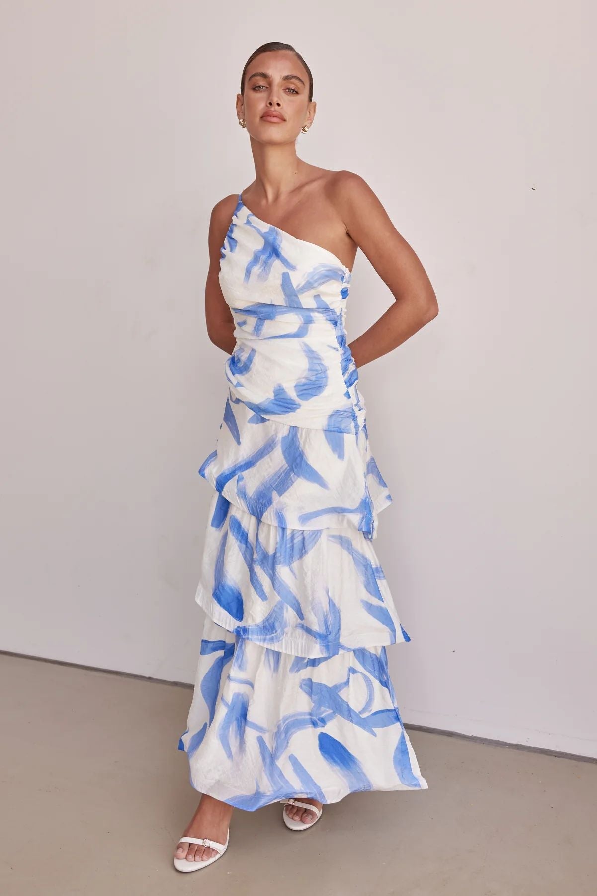 Floral one-shoulder maxi dress with ruched bodice and tiered A-line skirt, elegant summer festive wear