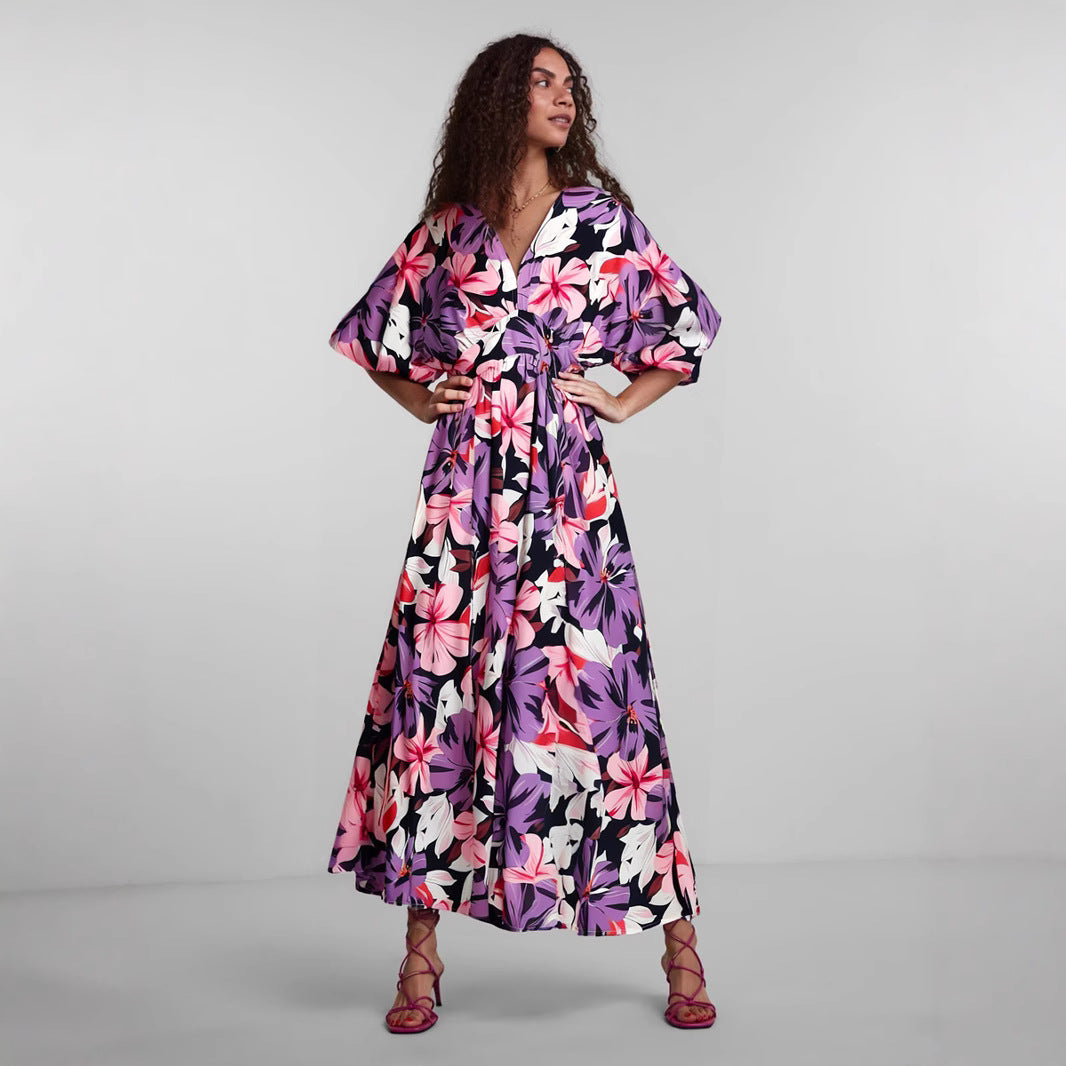 Floral print maxi dress high waist V-neck slit women's summer loose silhouette