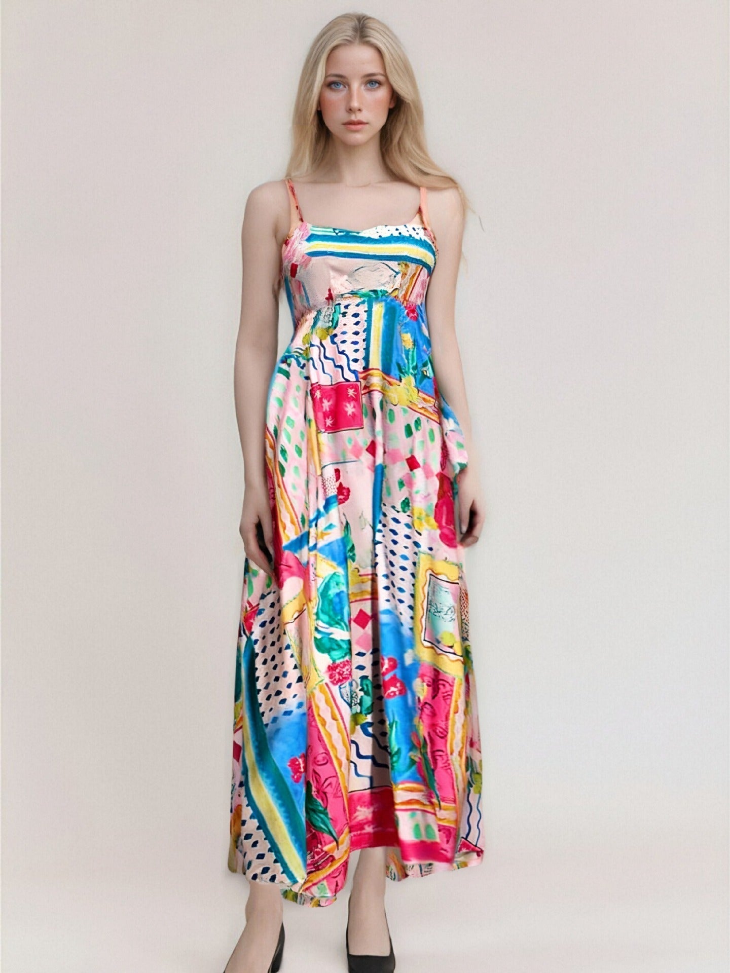 Women's strapless high-waist flowy maxi dress abstract print vacation style