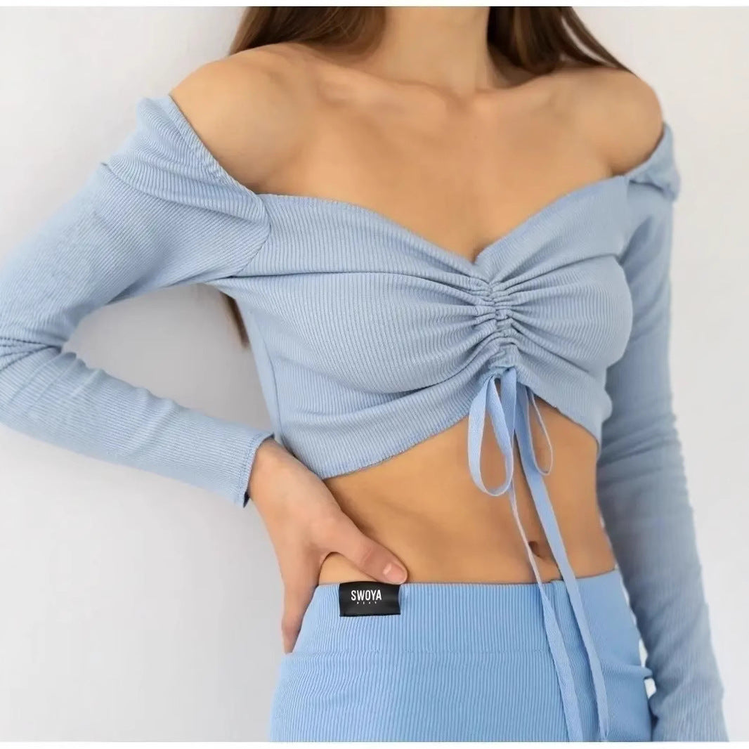 Women's cropped rib knit blouse slim fit V-neck tie-front long sleeves casual top