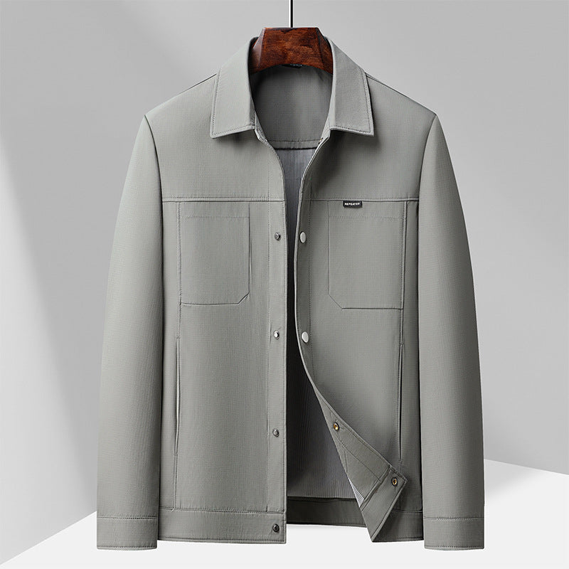 Men's casual regular fit jacket with lapel collar, snap button closure, and four functional pockets